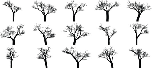 Collection of black silhouette joshua trees with branches and textures on a white backdrop