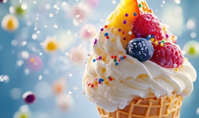 Vibrant ice cream cone topped with fresh fruit, colorful sprinkles, and whipped cream, soft natural light creating a playful look
