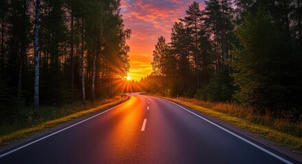 Fototapeta premium Winding asphalt road through forest at sunset with dramatic sky.