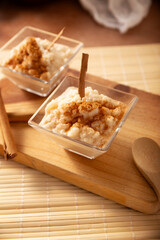 Rice pudding. Dessert made by cooking rice in milk and sugar, some recipes include cinnamon, vanilla or other ingredients, it is a very easy dessert to make and very popular all over the world.