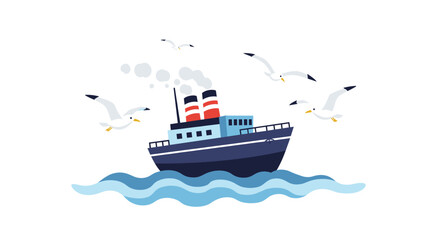 Cartoon steamship boat vector illustration with seagulls and ocean waves for travel and transportation design