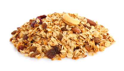 Pile of tasty granola with dried fruits and nuts isolated on white