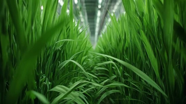 Medium shot capturing a hydroponic barley fodder setup highlighting dense green growth in a modern agricultural facility.
