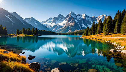 Scenic mountain lake landscape with peaks and transparent water reflection