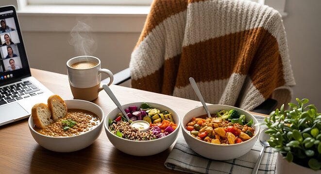 Healthy lunch during a video call on a laptop at home - Powered by Adobe