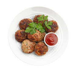 Delicious patties with parsley and ketchup isolated on white, top view