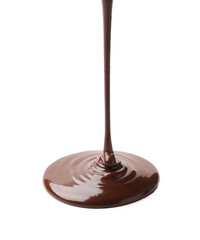 Pouring tasty melted chocolate on white background