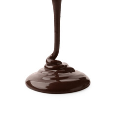 Pouring tasty melted chocolate on white background