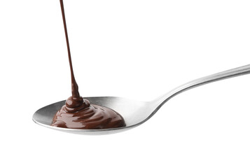 Pouring tasty melted chocolate onto spoon on white background