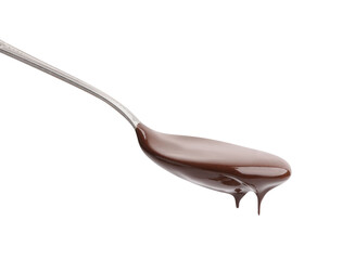 Tasty melted chocolate flowing down from spoon on white background
