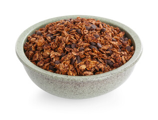 Tasty granola with chocolate chips in bowl isolated on white