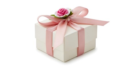 Obraz premium Elegant white gift box with pink ribbon and rose, isolated on white background