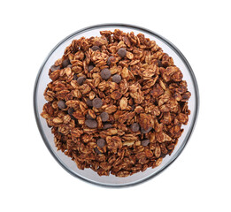 Delicious granola with chocolate chips in bowl isolated on white, top view