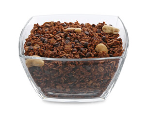Delicious granola with chocolate chips and nuts in bowl isolated on white