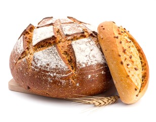 Crusty artisan loaf and roll with wheat, displayed against white background