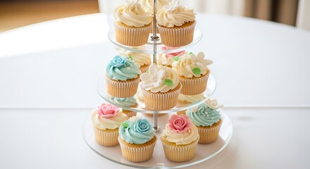 Elegant cupcake tower with pastel frosting and floral decorations on a table