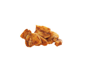 Delicious granola in air against white background