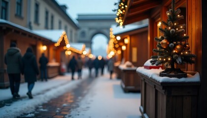 Obraz premium Snowy Outdoor Christmas Market with Decorated Stalls, Tree, and Historic Stone Arch