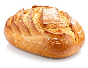 Crusty, golden-brown loaf of baked bread on a white background