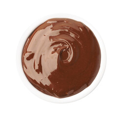 Tasty melted chocolate in bowl isolated on white, top view