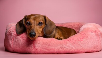 brown dachshund dog resting in a pink plush bed on a plain background