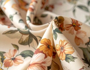 Close-up view of a folded fabric decorated with a floral design