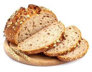 Crusty, seeded loaf sliced, presented on wooden cutting board with wheat