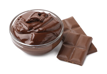 Bowl with melted chocolate and pieces isolated on white