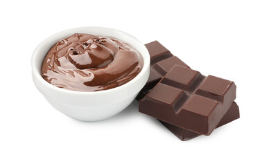 Bowl with melted chocolate and pieces isolated on white