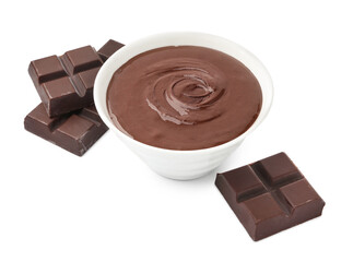 Bowl with melted chocolate and pieces isolated on white