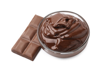 Bowl with melted chocolate and bar isolated on white