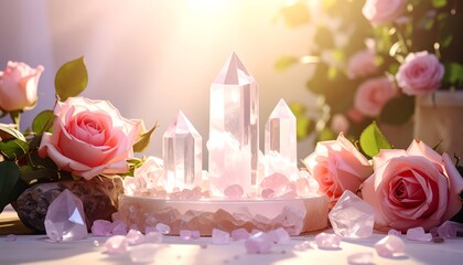 Crystals and roses illuminated by sunlight, evoking serenity and beauty