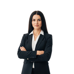 Professional young woman confidently posed in a dark suit and white blouse with arms crossed isolated on transparent background