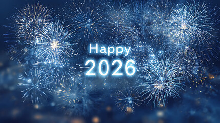2D background of night sky full of fireworks with "Happy 2026" glowing text in the center, dark blue gradient background, vector illustration style