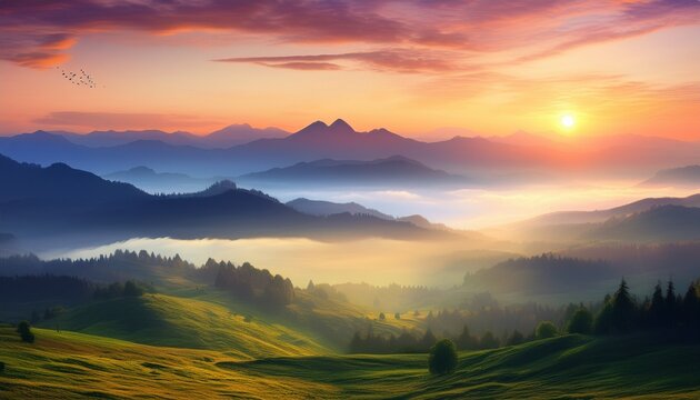 landscape background with sunrise over misty mountains dramatic sky rolling hills and serene nature scene at twilight