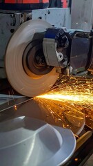 Close-up view of a grinding wheel creating sparks on a metal surface