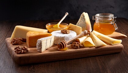 assorted cheese platter with honey and serving utensils on wooden board