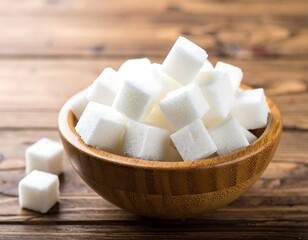 Cubed white sweetener overflowing a wooden bowl, on a textured surface