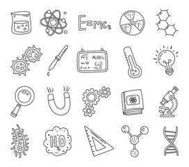 Science set in outline line art with dna, molecule, atom, microscope, formula, magnet, gear, ruler, flask, pipette, bacteria, virus, board, lightbulb, thermometer, radioactive sign