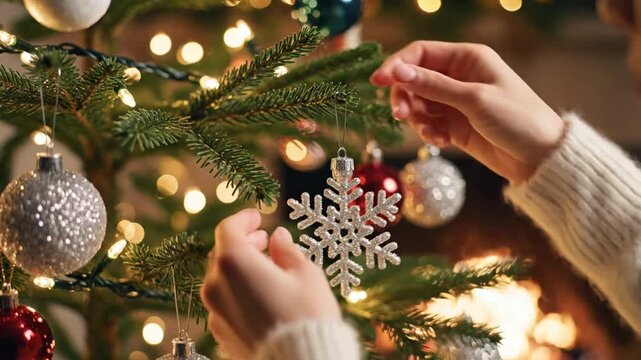 Woman decorating Christmas tree with snowflake ornament in cozy holiday scene