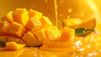 Cubed yellow fruit being poured with juice, vibrant splash and drops