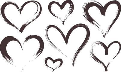Dark brown ink brush stroke hearts drawing
