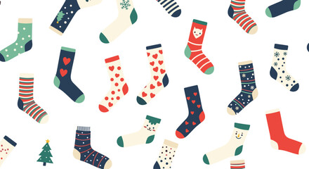 Colorful socks with various patterns, including hearts, stripes, and holiday motifs, arranged in a seamless design on a white background.