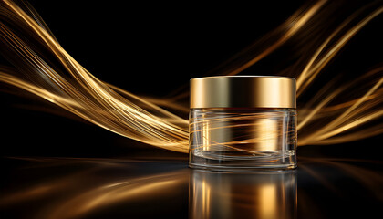 Gold-lidded cosmetic cream jar on a black background with flowing golden light swirls