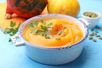 Delicious pumpkin cream soup with parsley and seeds served on blue wooden table, closeup