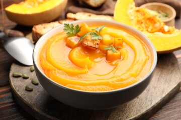 Delicious pumpkin cream soup with parsley served on wooden table, closeup