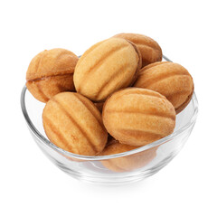 Delicious nut shaped cookies with boiled condensed milk in glass bowl isolated on white