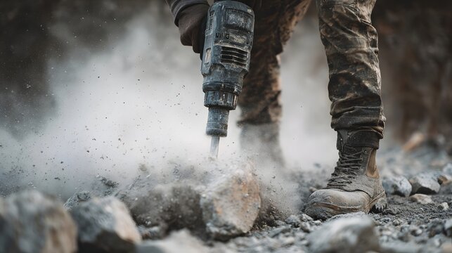 Close up of a worker using a jackhammer to break rock amidst dust and debris