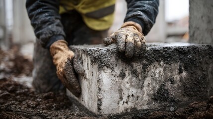 Construction worker s hands in dirty gloves place a heavy concrete block on site