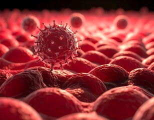 Close-up view of a microscopic virus amongst human cells
